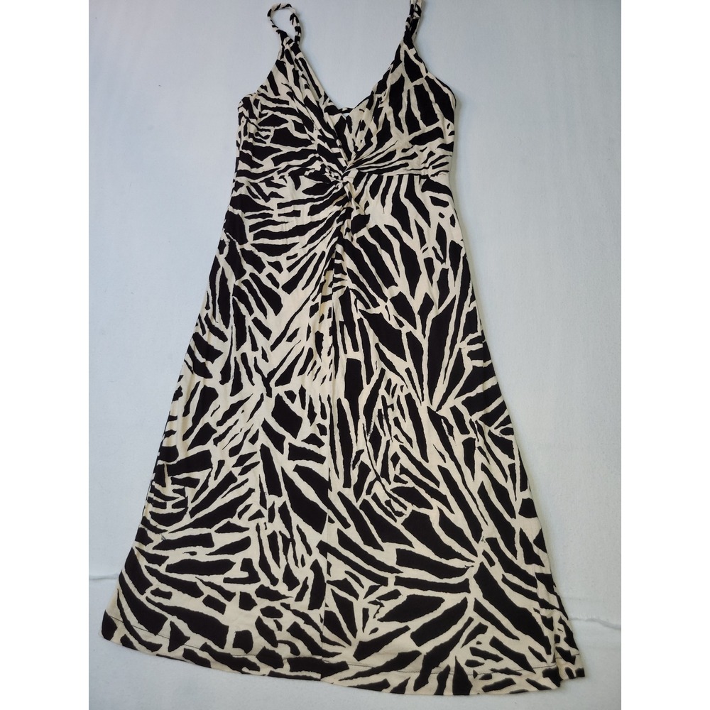 H&M Zebra Abstract Print Twist Front V-Neck Midi Dress Black Cream Small